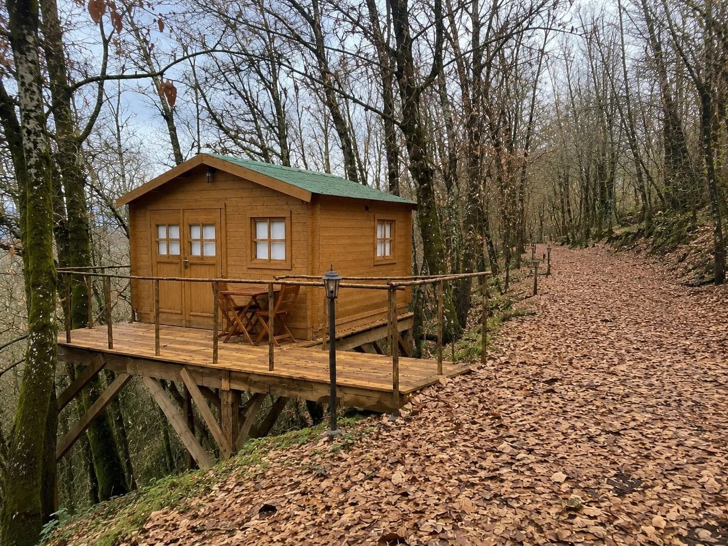 Cabana elevada entre as árvores, com o caminho coberto de folhas de outono